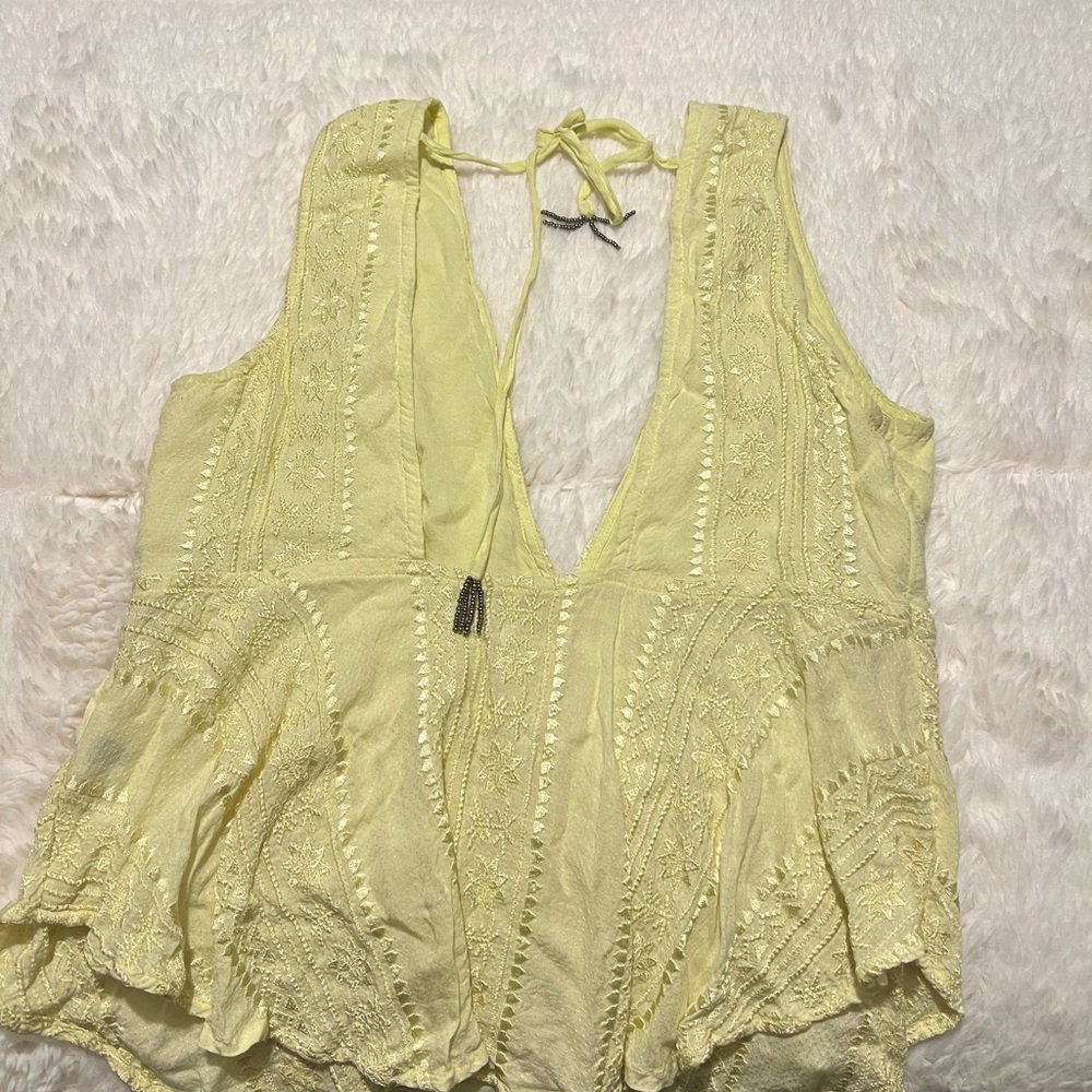 Free People Light Yellow Embroidered Blouse